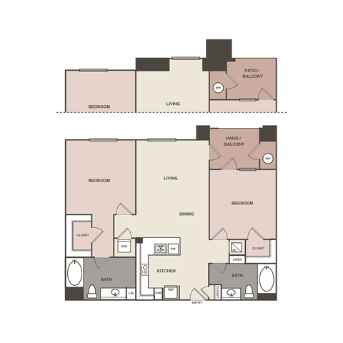 Floor plan for 2 beds, 2 baths, 1073 sqft